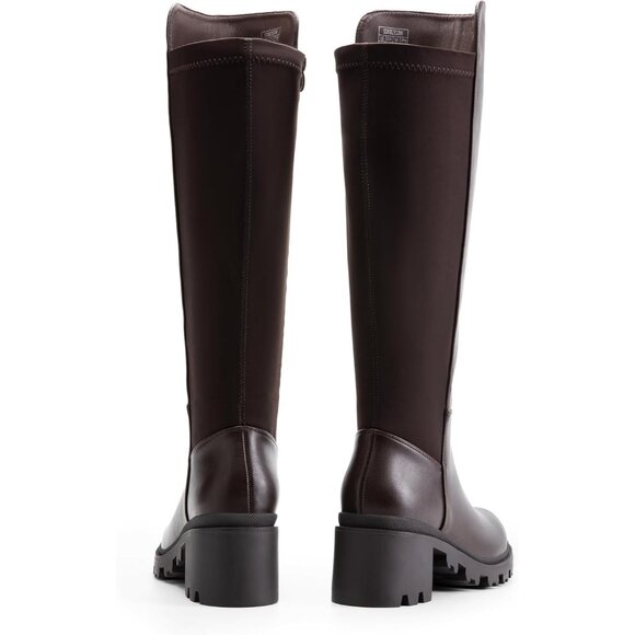 Women's Brown-pu Knee High Comfortable Platform Heel Round Toe Stretch Boots - Picture 3 of 6